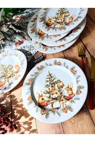 CASA DE BELLA 6 Person New Year's Rabbit Patterned Porcelain Cake Plate