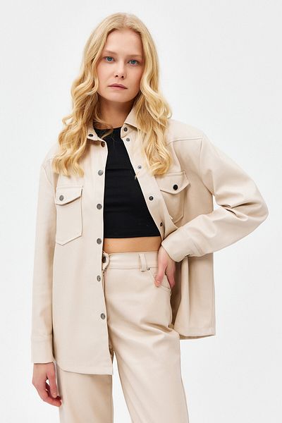 Açelya Okcu Vegan Leather Shirt with Snap Closure and Pocket Detail