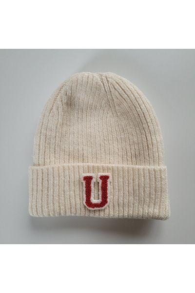 initialess Mohair Folded Knitted Ecru Wool Beret with Letter U