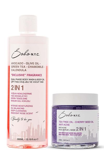 Soho N.Y.C. Vegan Anti-Acne Face Serum and Mask - Exclusive Shower Gel and Body Oil Set