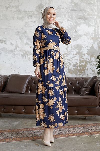 InStyle Elfina Floral Straw Belt Dress - Navy Blue