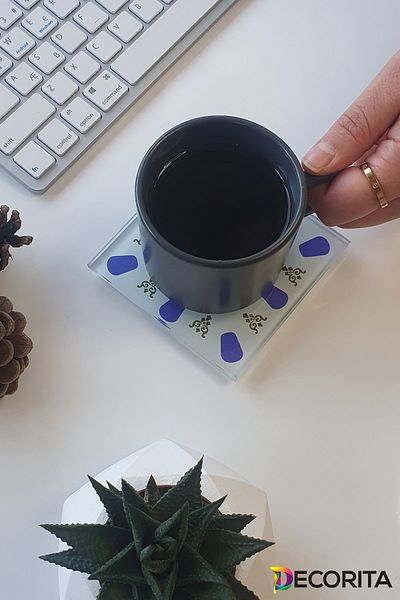 Decorita Glass Coaster| Acem Coffee Shop - Blue| Set of 4| 10cm X 10cm