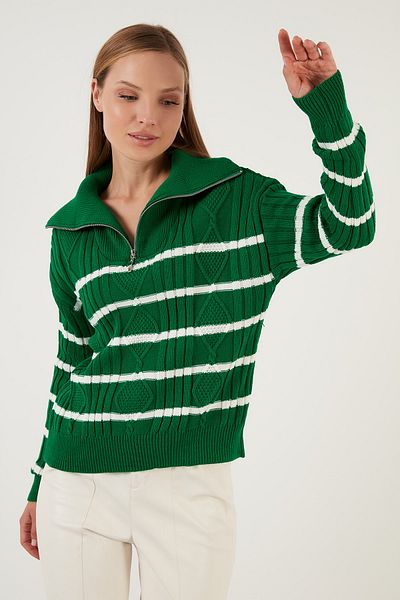Lela Striped Zipper Turtleneck Knitted Knitwear Pullover Sweater 63622458