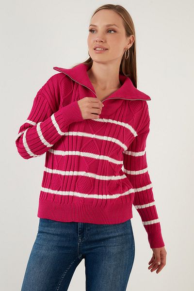 Lela Pulover tricotat tricotat cu guler cu fermoar în dungi 63622458