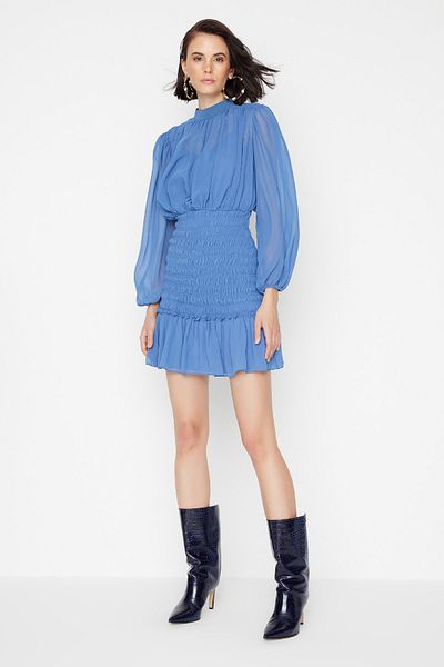 Trendyol Collection Fustă mini țesătură albastră ediție limitată Rochie țesută din șifon cu volane TWOAW23EL01462