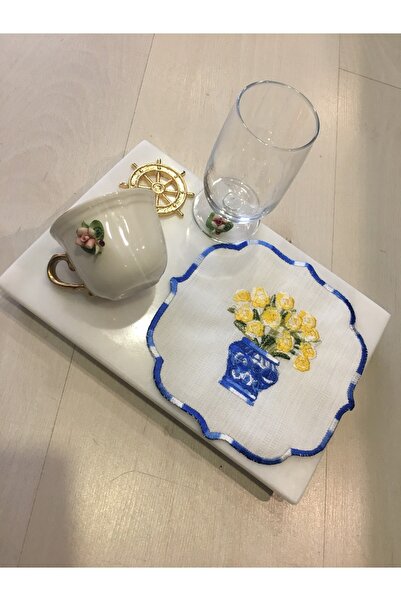 EKKE HOME Bleu Blanc Yellow Embroidered Single Cocktail Napkin