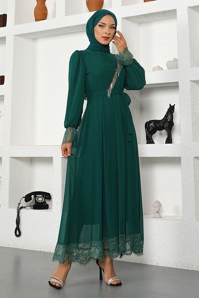Modamihram Steindetailliertes Chiffon-Abendkleid Smaragd 17200
