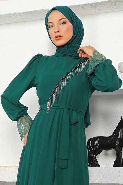 Modamihram Steindetailliertes Chiffon-Abendkleid Smaragd 17200