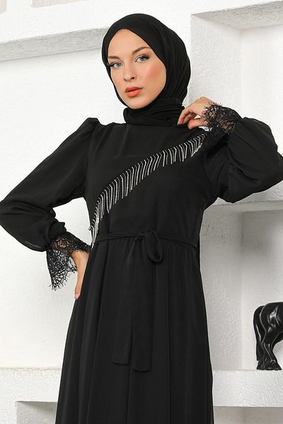 Modamihram Steindetailliertes Chiffon-Abendkleid Schwarz 17200