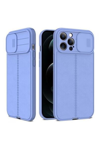 Gpack Apple Iphone 14 Pro Max Kılıf Kamera Sürgülü Deri Dokulu Mat Silikon Mor