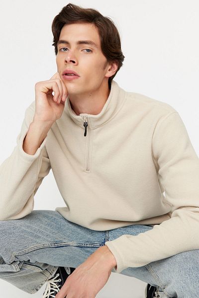 Trendyol Collection Φούτερ Fleece με φερμουάρ σε μπεζ γιακά - Αντιπηκτικό, Keep Warm TMNAW23SW00395