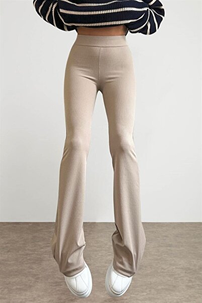 Behalf Kadın Bej Ispanyol Paça Fitilli Yüksek Bel Tayt