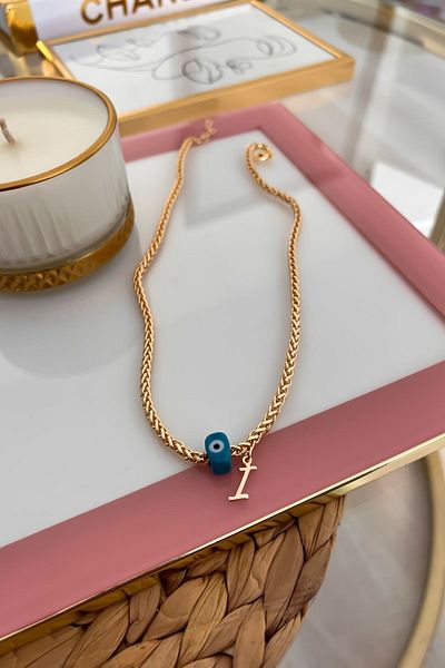 Trendy Butik قلادة سلسلة محبوكة بحرف I وعين الشر