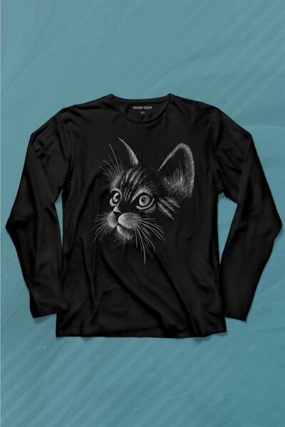 Kendim Seçtim Tricou cu mânecă lungă siluetă pisică pisică neagră tricou impr...