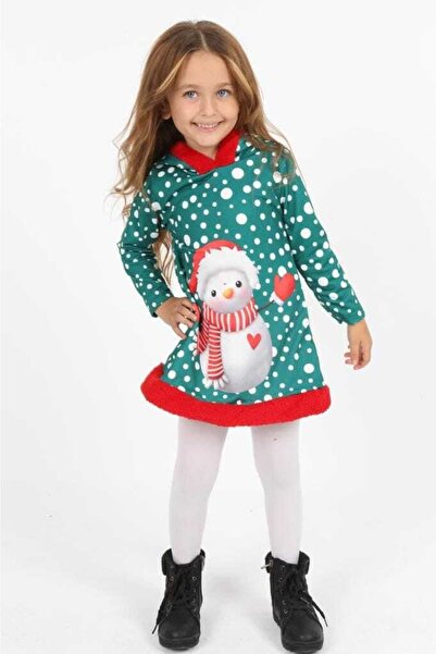 EF EF NEY Kardan Adam Baskılı Kız Çocuk Elbisesi