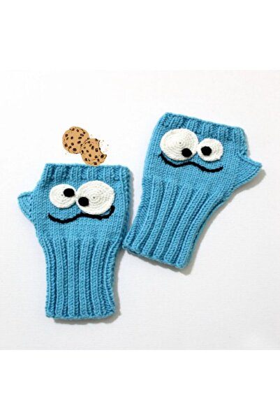 ELEGANTKNİTTED Kadın Mavi Kurabiye Canavarı Parmaksız Örgü Eldiven