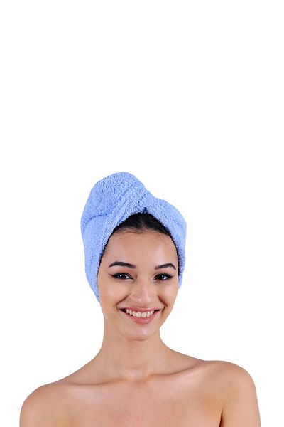 DensHaus 100% Cotton Sky Blue Plain Eponj Buttoned Towel Hair Drying Cap