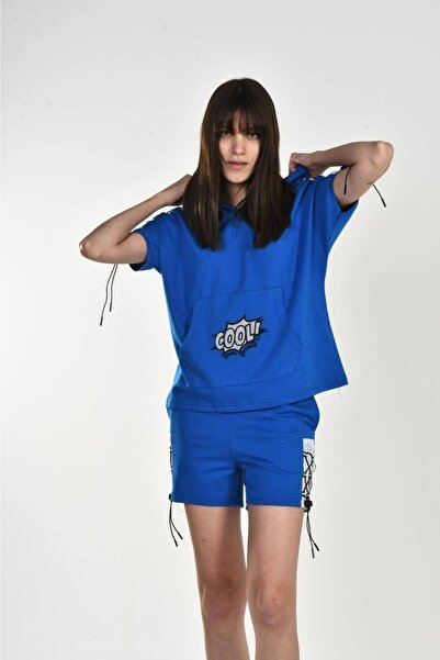 DAVID&GERENZO Saks Blue Cool Print Σορτς με κουκούλα με λεπτομέρεια με δαντέλα