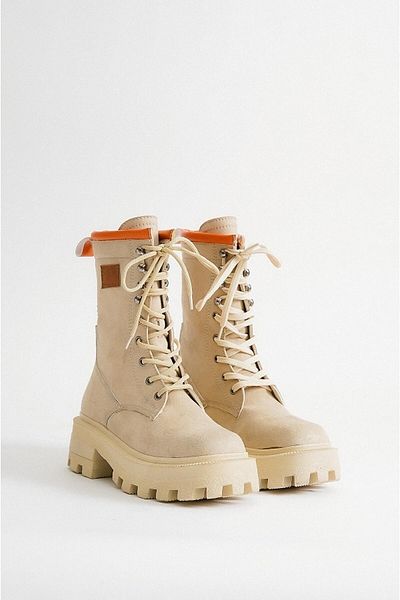 Anıl Ayakkabı Kç Women's Cream Thick Sole Orange Detailed Lace Up Long Suede Boots
