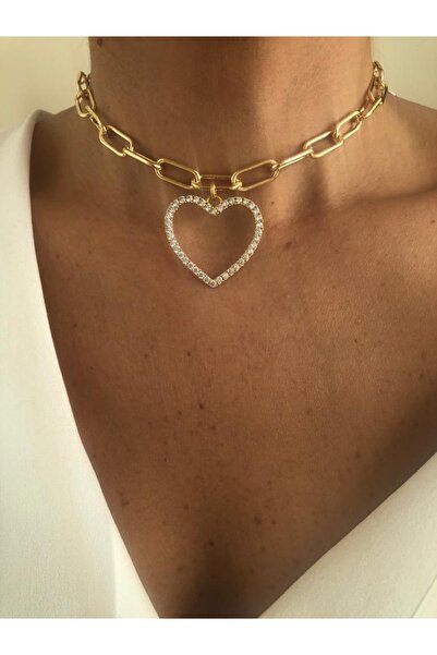 Rossetto Atelier Büyük Zirkon Taşlı Kalp Zincir Choker Kolye