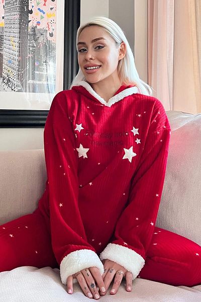Pijamaevi Roter Everyday Magic gemusterter Plüsch-Fleece-Pyjama mit Kapuze