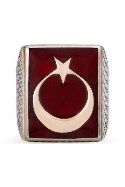 Anı Yüzük Erkek Lisanslı Teşkilat Dizi Yüzüğü 925 Ayar Gümüş Ay Yıldızlı Tasarım Yüzük Kırmızı Lüks Model