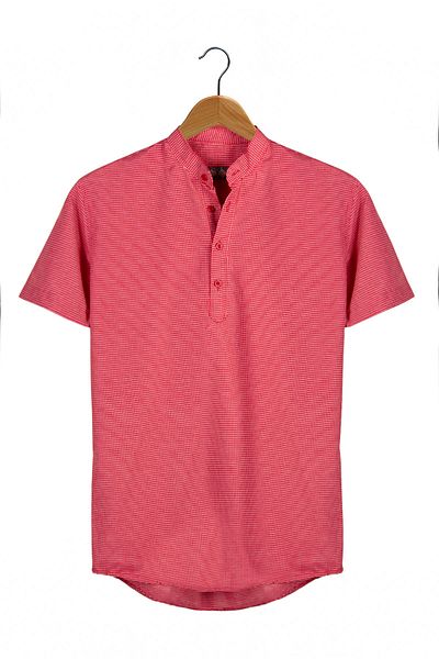 VEAVEN Men's Dark Red Collar Half Plaid Plaid Short Sleeve Slim Fit Shirt