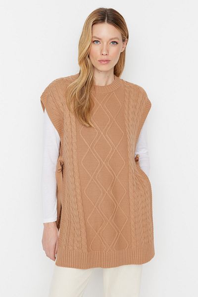 Trendyol Modest Nerzfarbener, geflochtener Strickpullover mit Taillenband TCTAW22UV0018