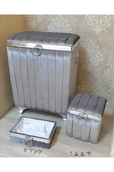 ASİL HOME ELEGANCE Asilhomeelegance Mdf Ipek Kadife Çeyizlik 3lü Kirli Çamaşır Sepeti Banyo Seti As320