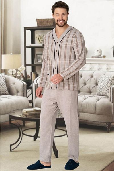 Mecit Pijama 2767 Καφέ Μπροστινό Κουμπί Ανδρική Πιτζάμα Σετ Μεγάλο Μέγεθος