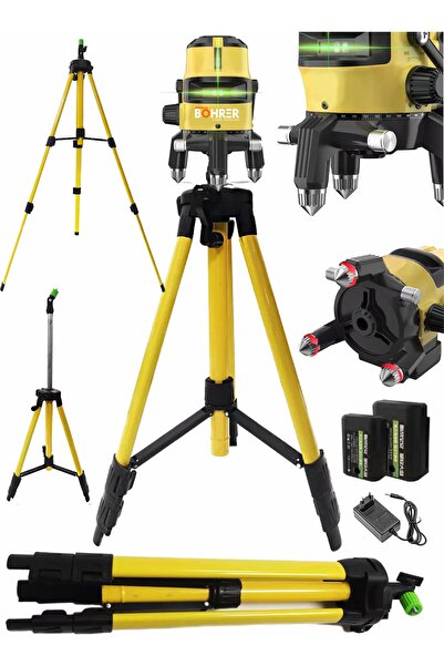 BÖHRER Yatay Ve Dikey Lazer Hizalama 2 Adet 30m Li-on Pilli Yeşil Işık Seviye Ölçme +3 Kademe Ayaklı Tripod