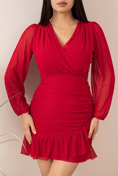 PULLIMM Kruvaze Yaka Volanlı Kısa Tül Elbise