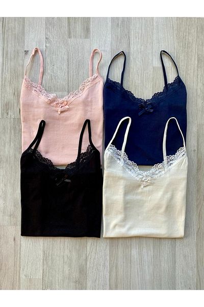 VicTroy 4 Pieces of Lace Rope Strap Cotton Singlet (White, Lilac, Black and Salmon Color)