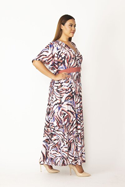 Şans Tekstil Női színes, behúzható gallérral ellátott derékpánt, hajlított ujjú hosszú ruha 26a28549