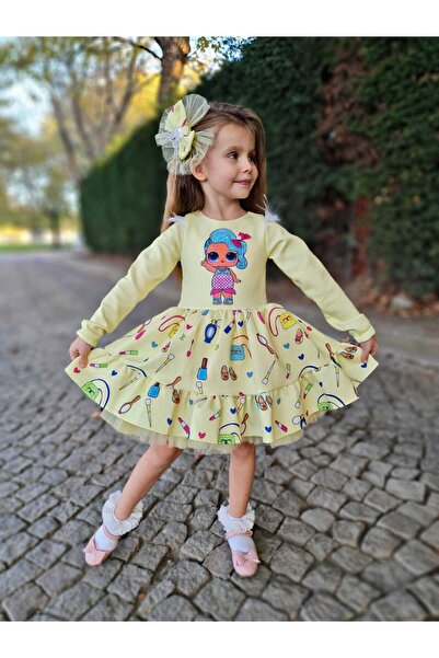 Sare Çocuk Giyim Girl's Skirt Ruffle Character Printed Yellow Princess Dress