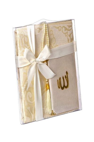 SALAT HEDİYELİK Gift Market for Bride and Groom - Dowry Set, Cream Prayer Rug and Pearl Rosary