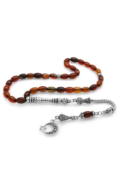 Tesbihane Non-Tarnish Metal Crescent Star Tasseled Barley Cut Red Agate Rosary101001481