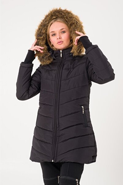 Mothermood Kışlık Eldivenli Kapüşonu Kürklü Kadın Şişme Mont