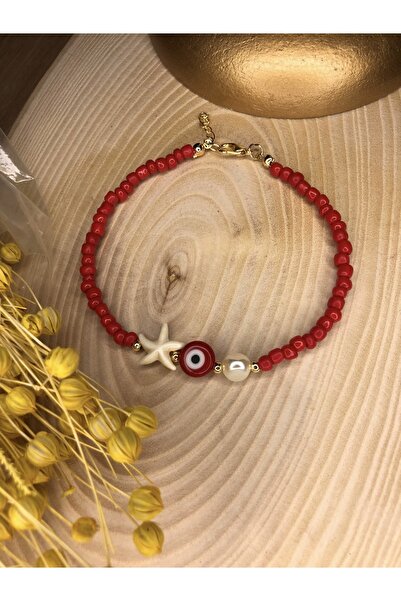 Stoneday Special Design Red Sand Bead Anklet with Starfish and Evil Eye Bead Tips