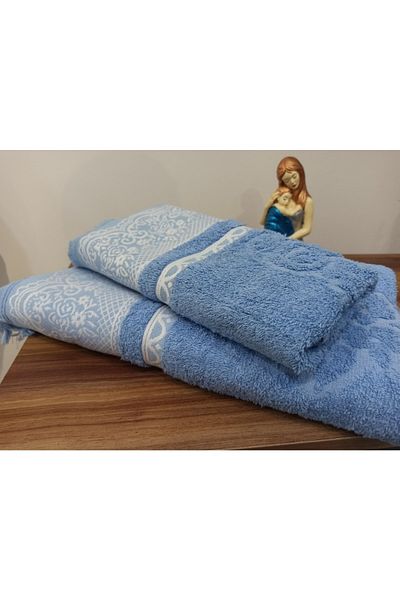 ŞENER HOME Set de baie turcească cu franjuri, 2 piese, prosop de baie și cap - albastru