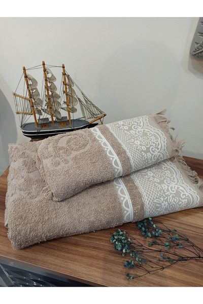 ŞENER HOME Σετ μπάνιου 2 τεμαχίων με κρόσσια, πετσέτες μπάνιου και κεφαλιού - Καφέ