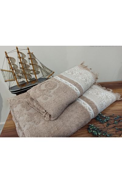 ŞENER HOME Σετ μπάνιου 2 τεμαχίων με κρόσσια, πετσέτες μπάνιου και κεφαλιού - Καφέ