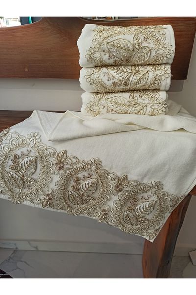 ŞENER HOME Leaf Lace Dowry Velvet 50x90 Πετσέτα Χεριών & Προσώπου - Κρεμ Καφέ