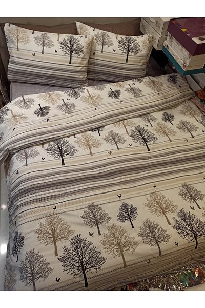 ŞENER HOME Βαμβακερό Σετ Παπλωματοθήκη με μοτίβο New Life Tree - Γκρι, Καφέ