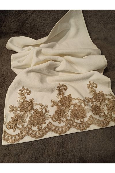 ŞENER HOME Βελούδινη πετσέτα χεριών και προσώπου 50x90 - Δαντέλα λουλουδιών και κρεμ καφέ