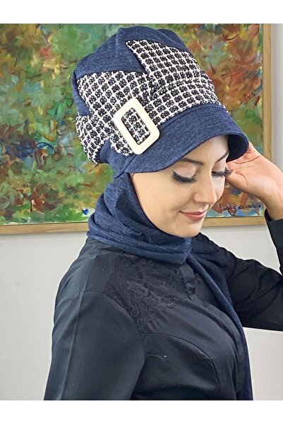 BUTİKAMBAR Roata Norocului Bleumarin Tricotaj în carouri Esarfă Hijab Pălărie