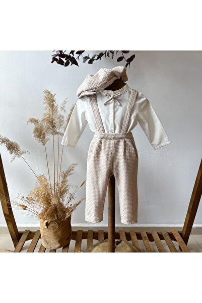 MeHa KIDS Bej Wooly Salopet-Gömlek -Kasket ( 3lü SET )