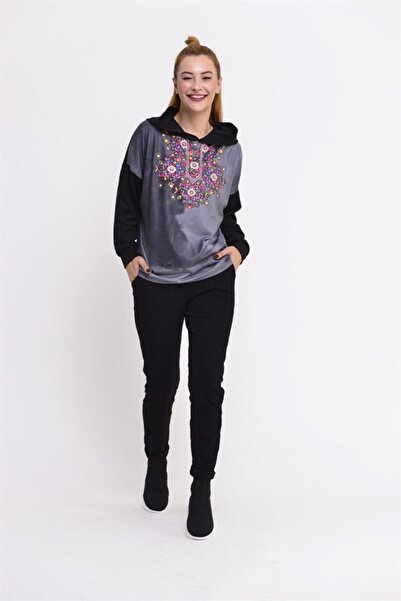 ZTO Kadın Etnik Desen Kapüşonlu Triko Bluz