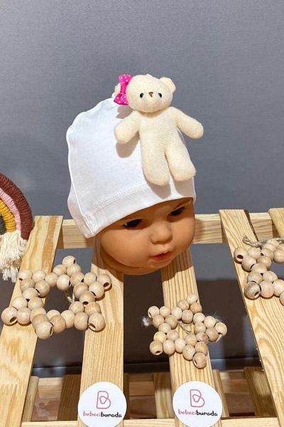 BEBECİBURADA Baby Girl Combed Cotton Beret with Teddy Bear 0-12 Months