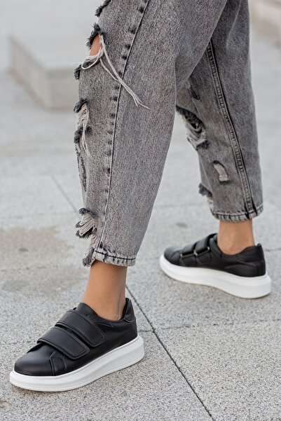 BOUIS Women's Black and White Artificial Leather Velcro Thick Soled Durable Sports Shoes Flexible and Stylish Sneaker